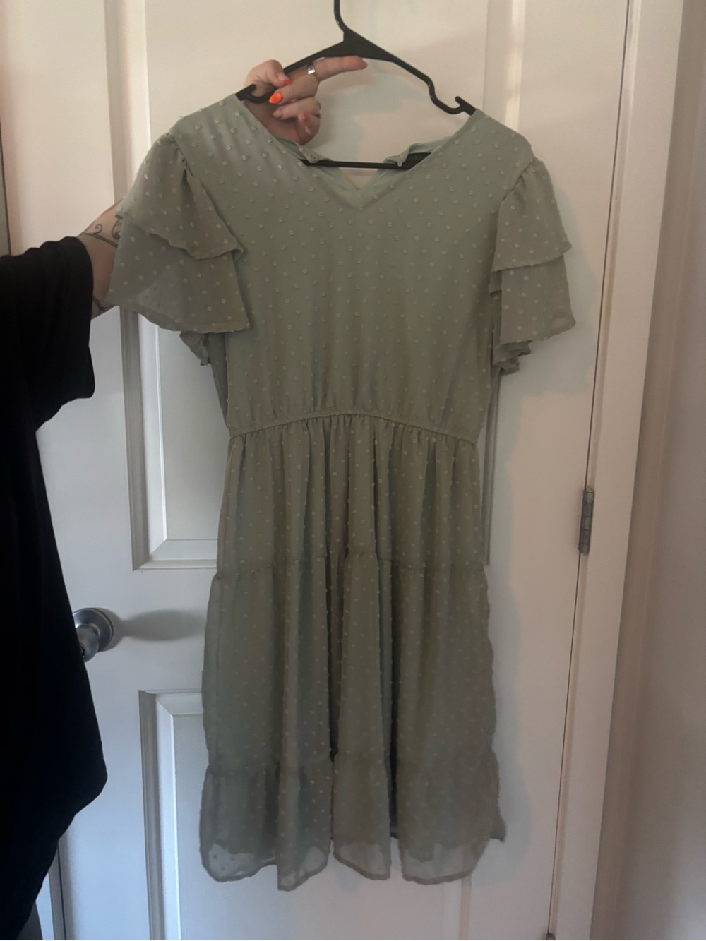 Mikarose Sage Green Swiss Dot Midi Dress